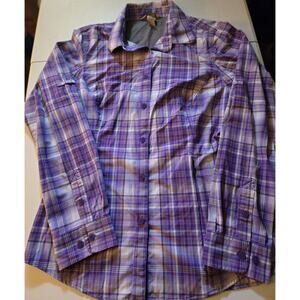 Duluth Trading Co Womens Plaid Button Up Shirt Purple White Nylon Spandex Size S